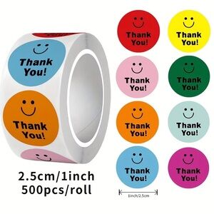 Roll of 500 Smiley Face Thank You Round Stickers Rainbow Colors